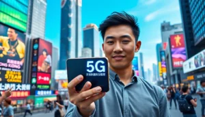 繁忙的香港街頭，年輕專業人士手持顯示高速5G信號的手機，背景有城市地標和繁華街道，展現科技與都市生活的結合。