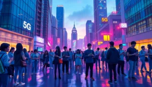 香港繁忙街道上，人們使用智慧手機，背景是高樓大廈與閃爍的霓虹燈，強調5G網絡連接，展現未來科技與都市生活的融合。