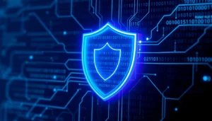 Visit https://sys32win.com/ to understand PC security threats with an illustration of a digital shield defending against malware in high-tech style.