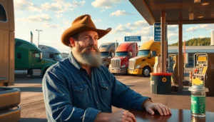 Trucker reviews being shared at a busy highway truck stop with trucks and amenities in the background for authentic accessibility.