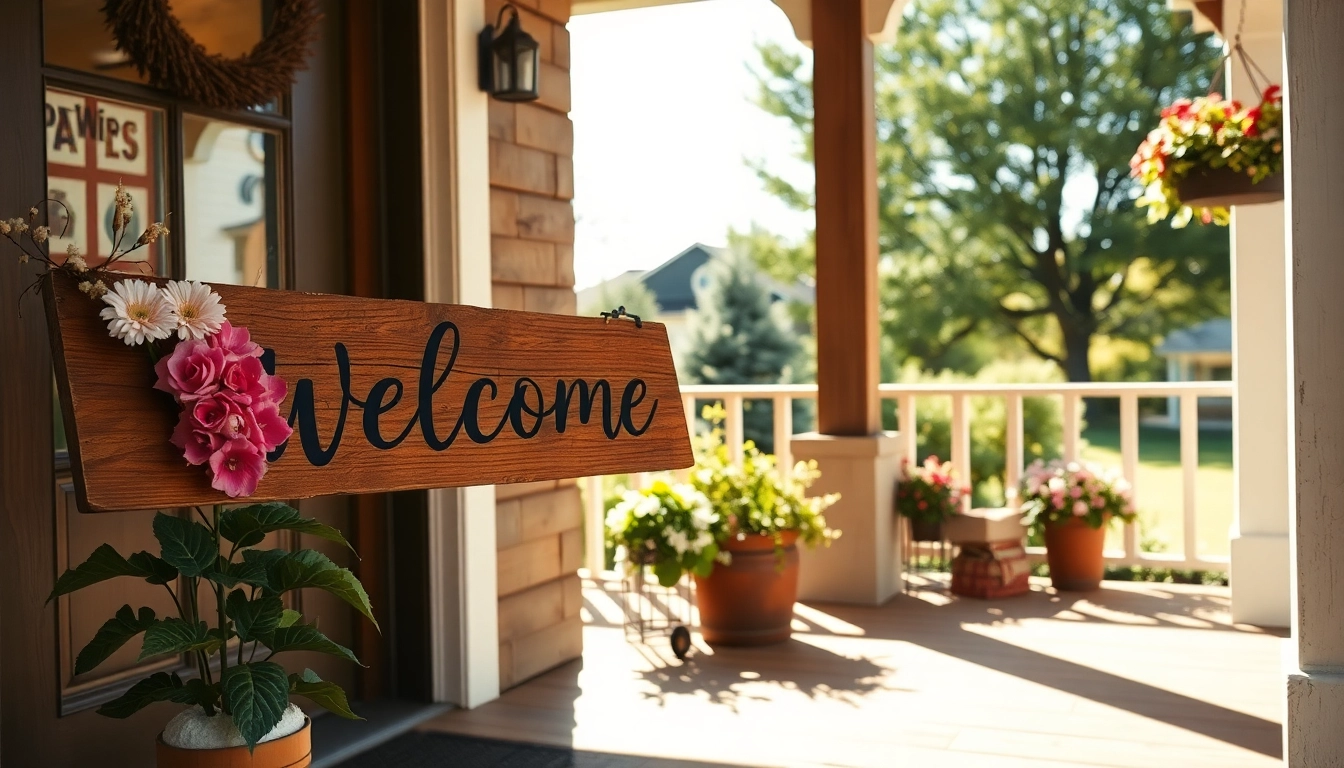 Bright welcome signs decorate a cozy front porch, inviting guests with charming rustic style.