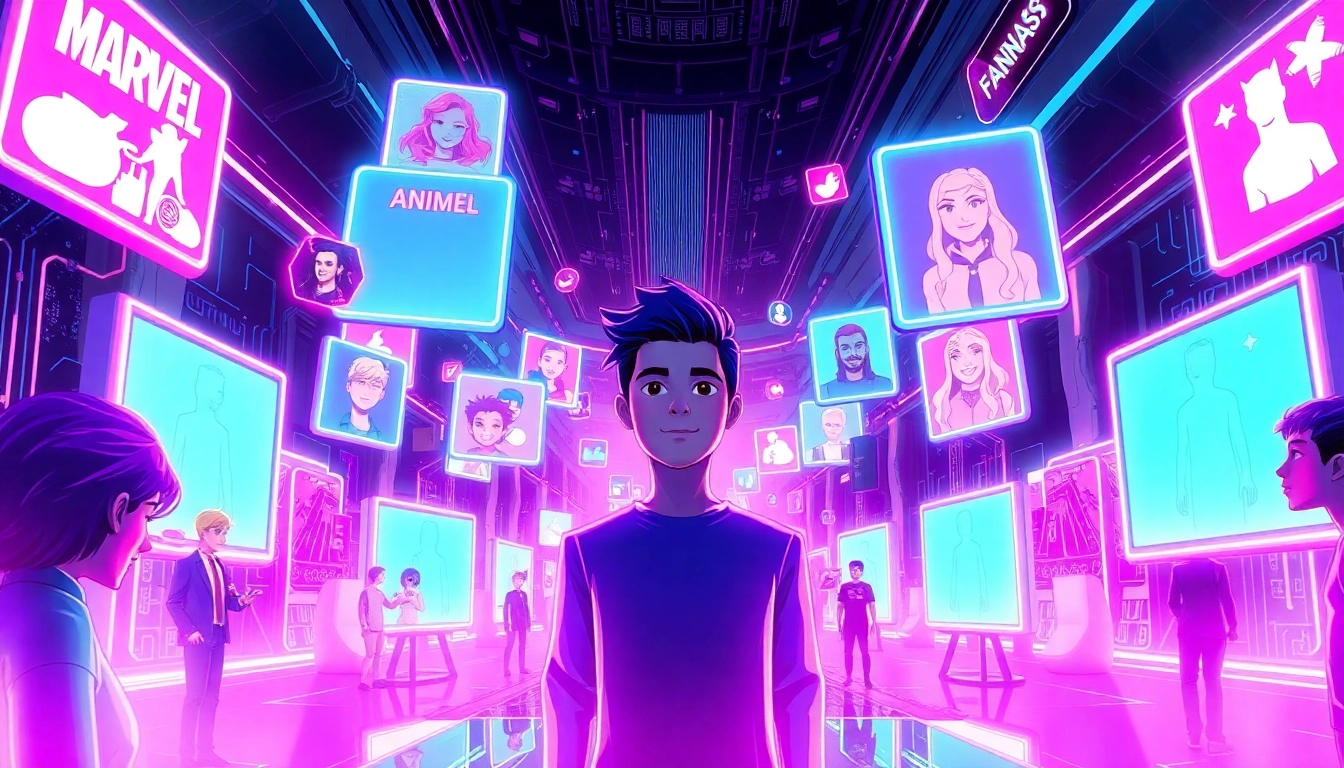 A futuristic virtual social media scene with avatars, fandom icons, and holographic screens in neon colors.