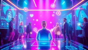 An illustration of a futuristic social media interface with holographic AI characters from various fandoms interacting in a neon-lit digital environment.