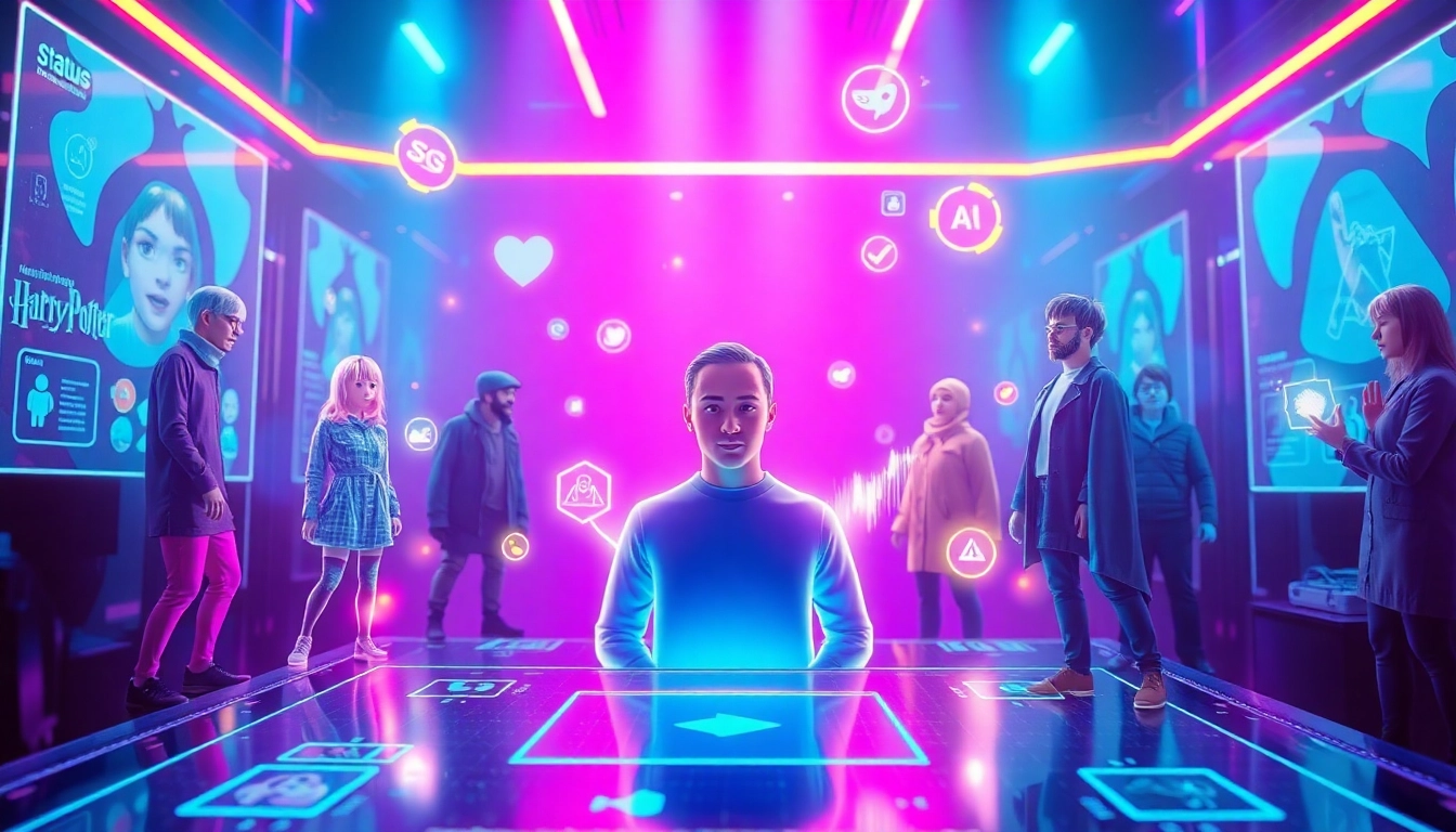 An illustration of a futuristic social media interface with holographic AI characters from various fandoms interacting in a neon-lit digital environment.