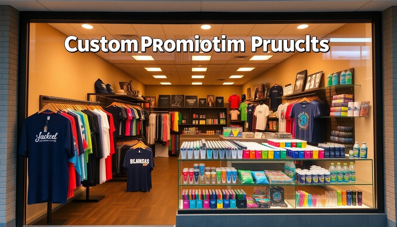 Bright display of promotional products in Louisville, featuring branded apparel, pens, and drinkware attracting local businesses.