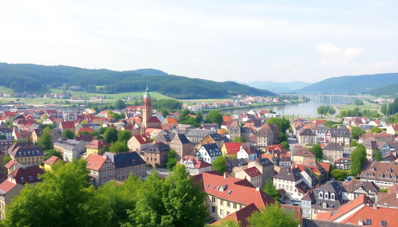 Saalfeld’s charming townscape with colorful facades and the Saale River, natural lighting, vibrant colors, detailed textures.