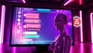 Futuristic AI chat interface with holographic character in a neon-lit cyberpunk setting.