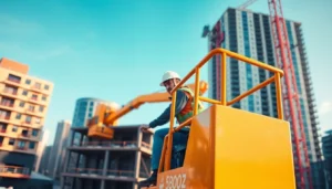 Efficient boom lift rental service showing a skilled operator on a modern boom lift at a busy industrial site