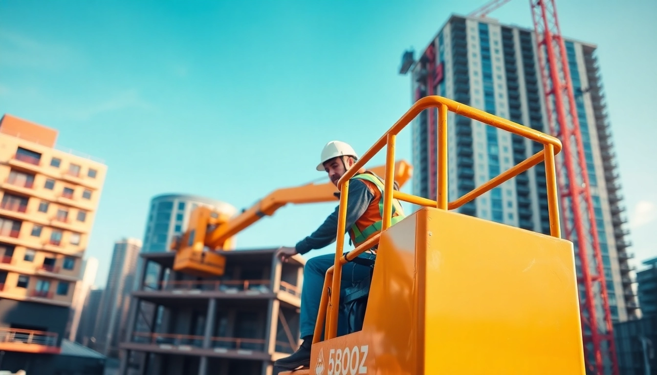 Efficient boom lift rental service showing a skilled operator on a modern boom lift at a busy industrial site