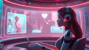 Futuristic AI chat environment with holographic visuals of a romantic scene between user and AI character