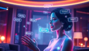 Futuristic AI chat interface with a vibrant female avatar and immersive visual elements