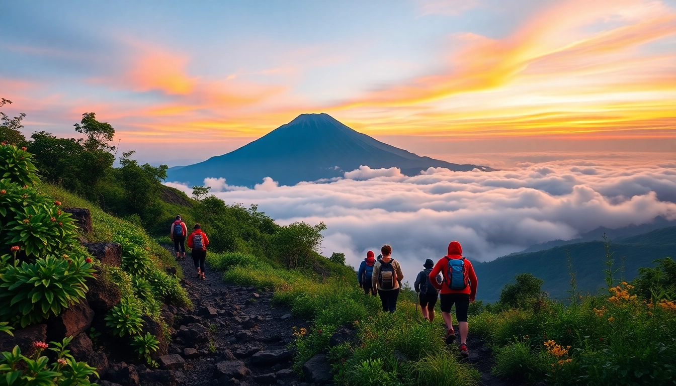 Hikers ascending Mount Rinjani at sunrise with lush greenery and vibrant sky