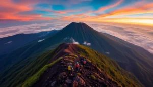 Aerial sunrise view of Mount Rinjani with hikers on the trail, lush greenery, and volcanic landscape.