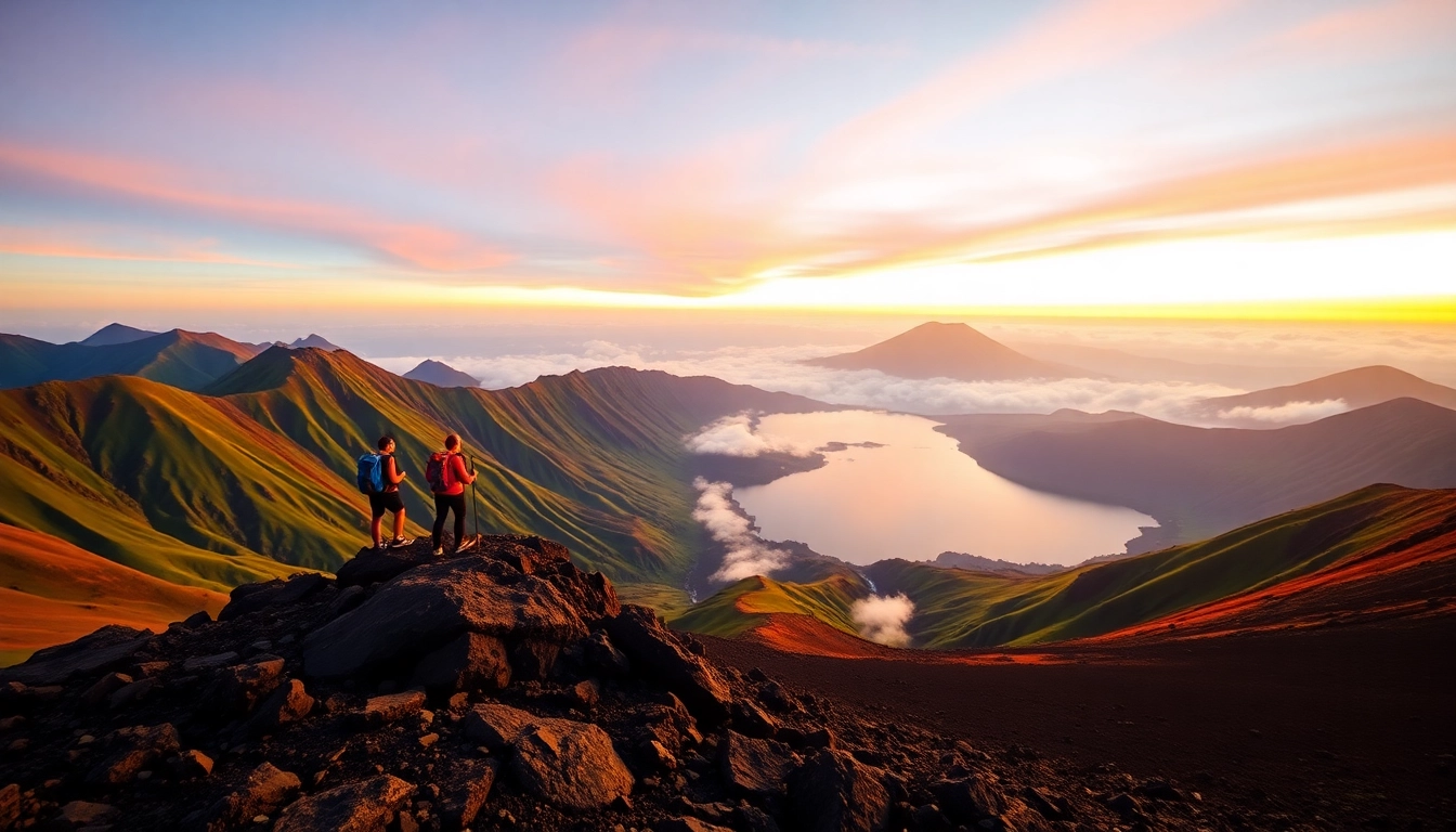 View of Mount Rinjani at sunrise with trekkers overlooking the crater lake