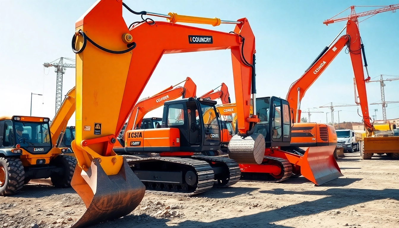 Construction equipment rental services showcasing excavators and loaders in action on a busy site, highlighting efficient machinery for construction projects.
