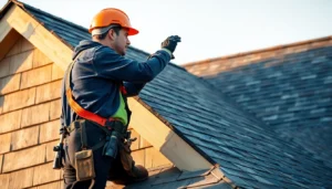 Skilled roofers expertly repairing a sloped roof on a sunny day, demonstrating craftsmanship and safety measures.