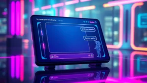 Futuristic AI chat interface with vibrant neon accents and expressive visual responses in a high-tech environment.
