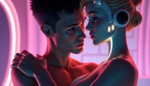 A realistic digital scene of an AI character and user in an intimate, futuristic setting with warm lighting and detailed textures.