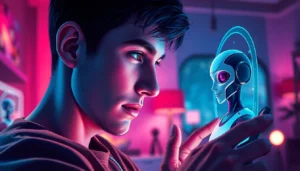 Close-up of a person engaging with an AI character on a sleek device, with vibrant futuristic lighting and immersive atmosphere.
