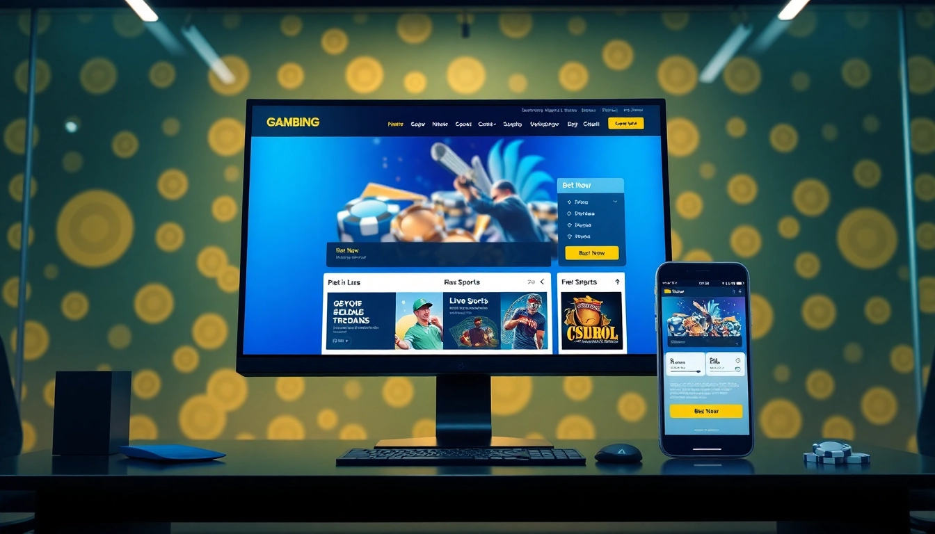 現代化的博彩平台界面，展示於桌上電腦與手機螢幕，色彩鮮明，氛圍充滿活力與專業感。