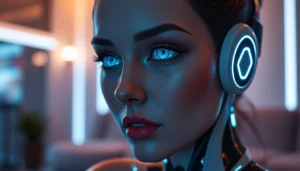 AI girlfriend engaging in realistic conversation in a sleek digital environment, highlighting emotional and unfiltered chat features.