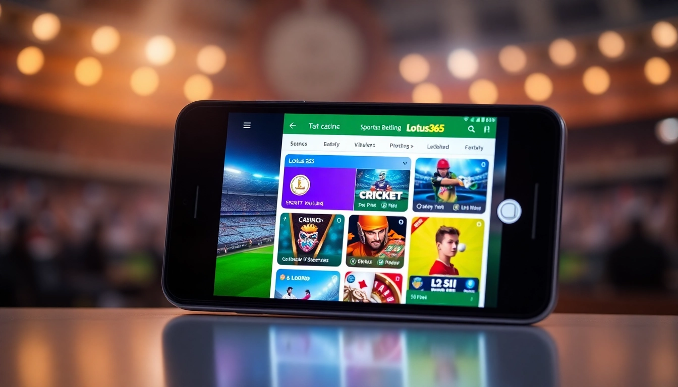 Lotus365 online betting platform showcasing live sports betting and casino games on a mobile device for Indian users.