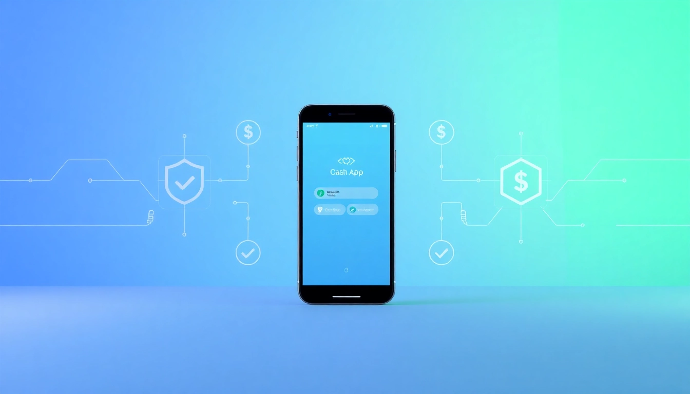 Modern smartphone displaying Cash App with verification checkmark, surrounded by digital payment symbols and sleek background.