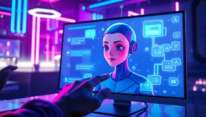 Futuristic AI chatbot interface with holographic virtual character on a modern workspace