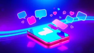 Futuristic smartphone displaying a colorful chat interface with playful speech bubbles and glowing neon effects.