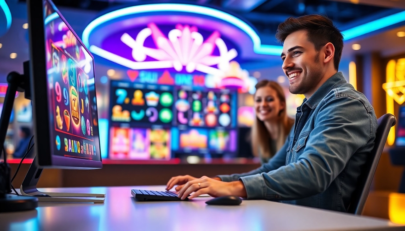 A person enjoying online casino games on a computer in a modern gaming setup with vibrant neon lighting.
