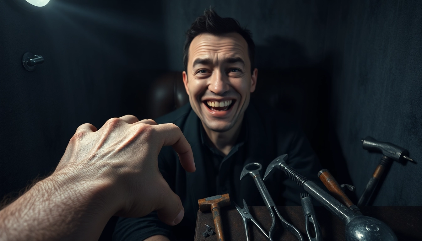 A disturbing scene of Harvey in a dimly lit booth, showing pain and fear as unsettling tools loom nearby.
