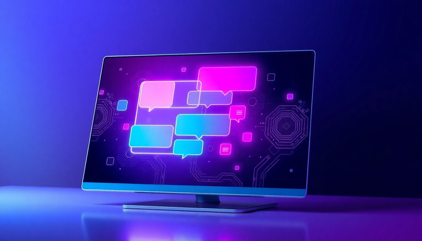 Futuristic chatbot interface with colorful speech bubbles and high-tech background