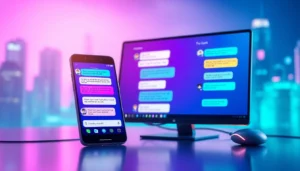 An illustration of a smartphone and desktop screen showing colorful AI chat conversations with a futuristic, cyberpunk-inspired background highlighting the themes of AI chat and personalization.