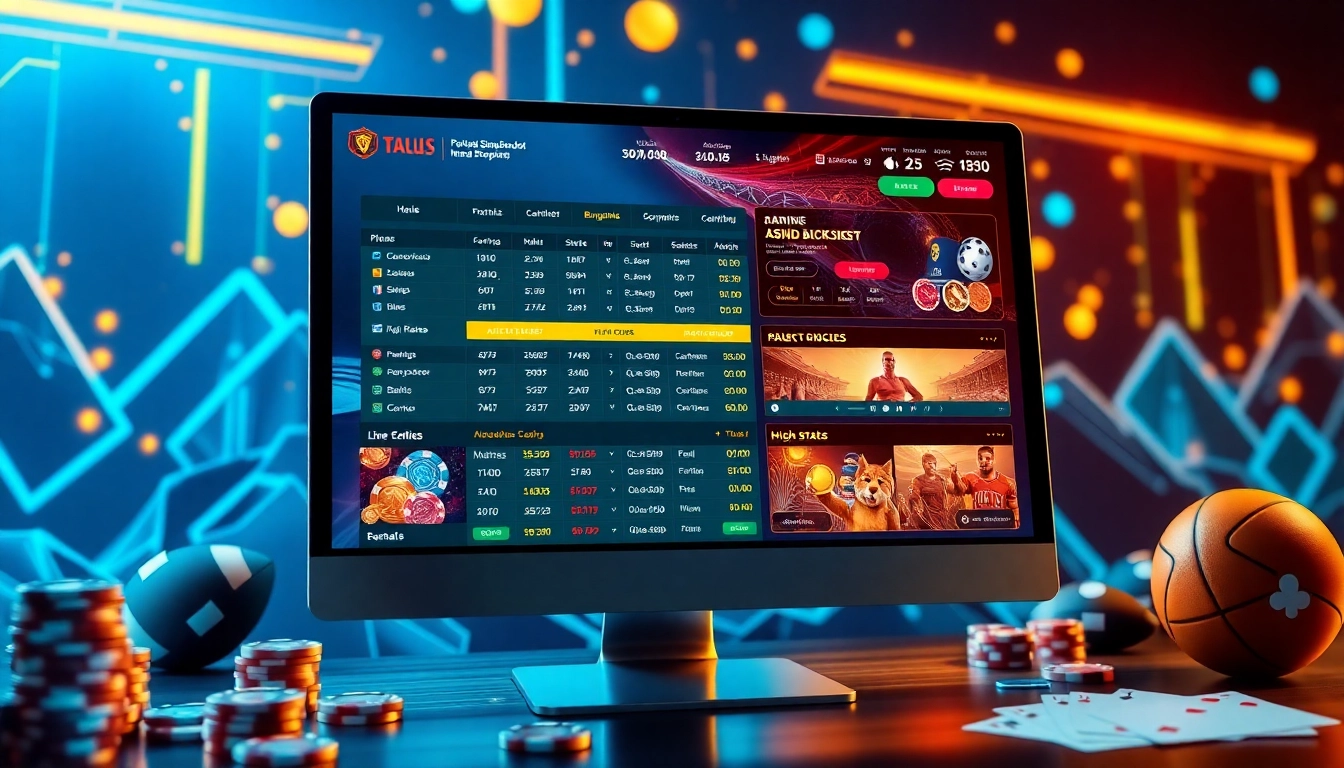 Illustration of an online sportsbook and casino interface with vibrant digital elements and sporting equipment, emphasizing excitement and innovation.