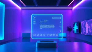 Futuristic digital interface with holographic AI chatbot in a modern, neon-lit room.