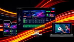 Laser247 online betting platform showcasing live sports betting on mobile devices with real-time updates and vibrant interface for secure wagering.