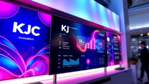 KJC brand logo displayed on a sleek digital interface with engaging visuals, representing a