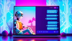 Futuristic chatbot interface with an animated AI character and vibrant digital background