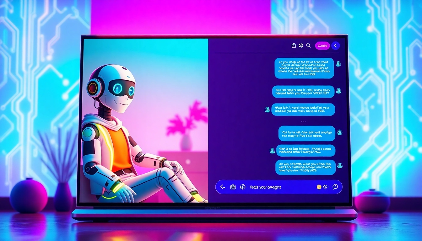 Futuristic chatbot interface with an animated AI character and vibrant digital background