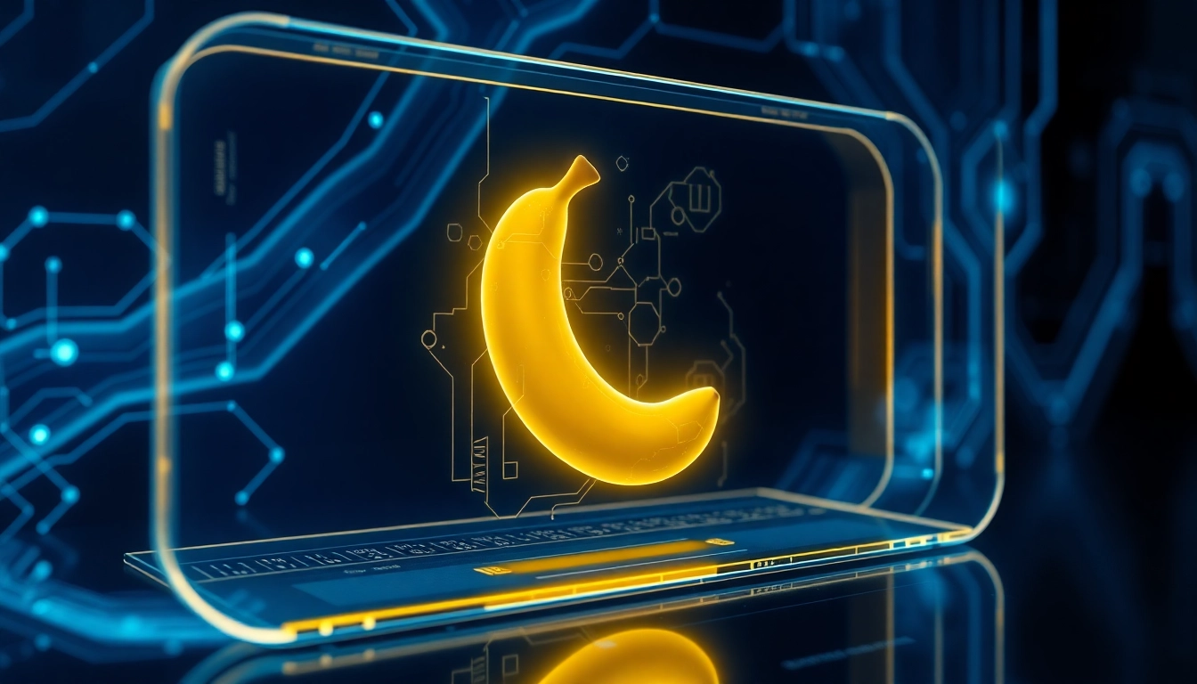 Futuristic AI interface with a glowing yellow banana on a high-tech digital display