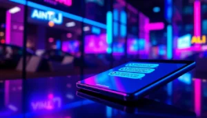 Futuristic digital scene of a high-tech device displaying an AI chat interface with neon lights and cityscape background.