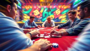 Playing nhanh B52 with energetic players, colorful cards, and chips on a lively gaming table, emphasizing speed and excitement.