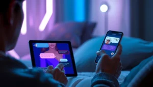 An illustration of a user interacting with AI chat interfaces on a tablet and smartphone, featuring vibrant avatars and a cozy, high-tech environment.