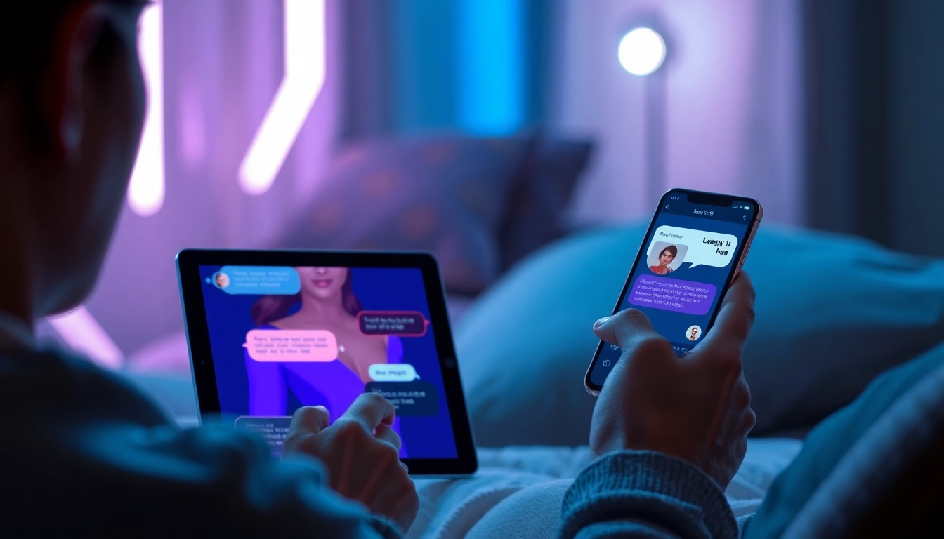An illustration of a user interacting with AI chat interfaces on a tablet and smartphone, featuring vibrant avatars and a cozy, high-tech environment.