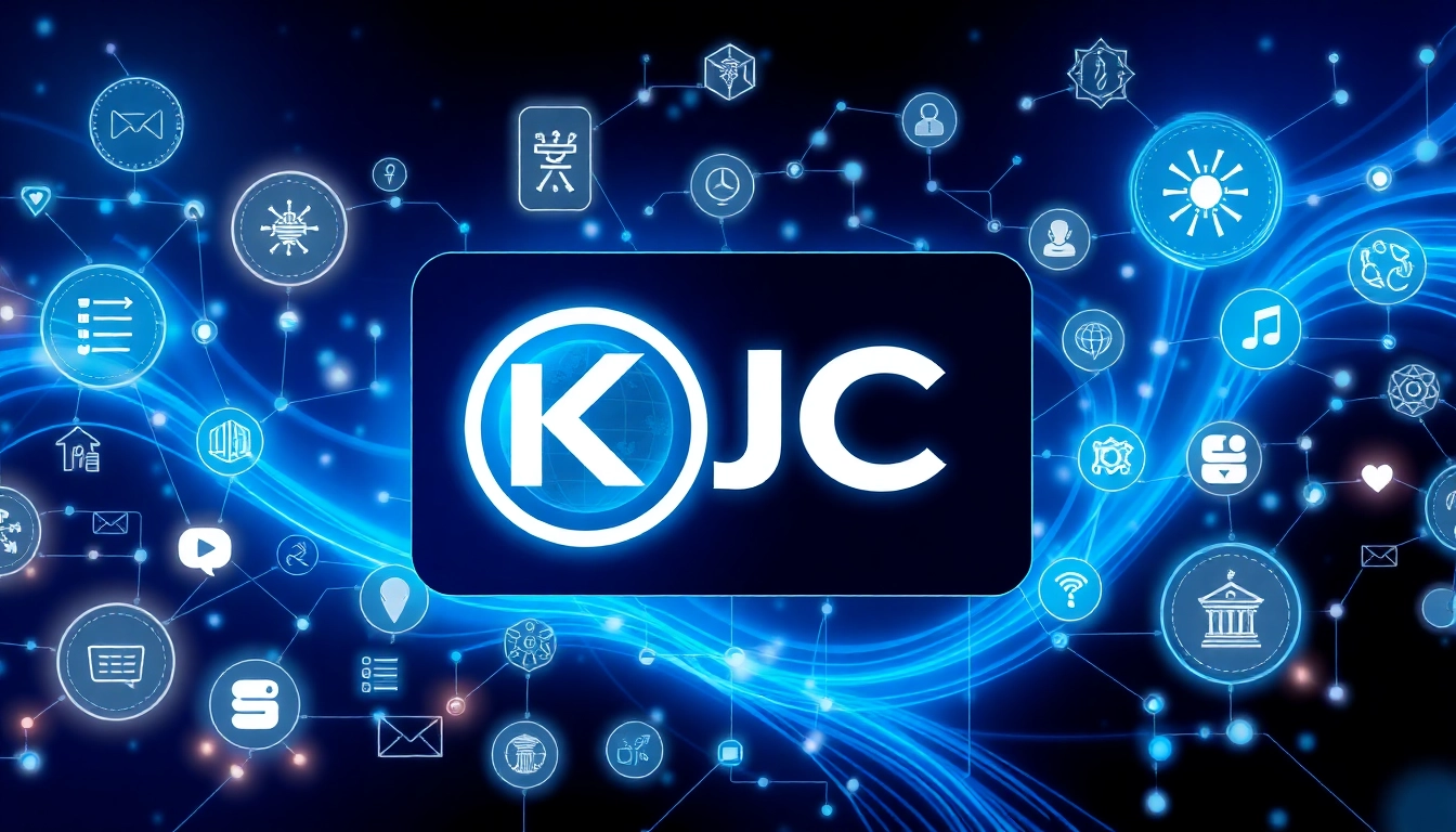 KJC logo displayed on a sleek digital interface highlighting global entertainment and technology collaboration, emphasizing innovation and trust.