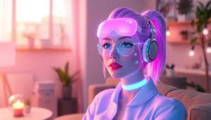 AI girlfriend engaging in a personalized chat on a sleek device with a visually appealing futuristic interface, emphasizing connection and companionship.