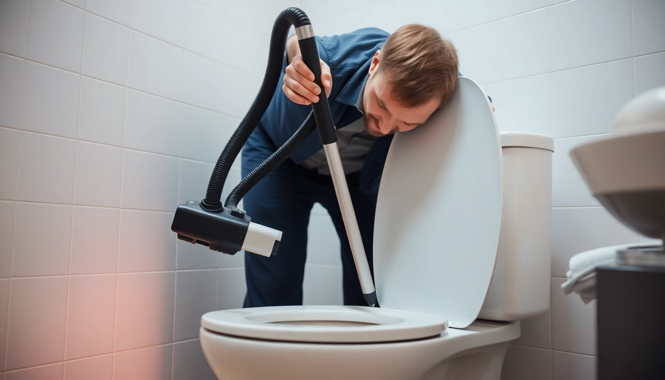 Skilled technician performing to quickly solve toilet clog issues with advanced equipment and a