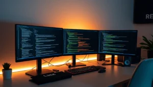 Professional React developer working on a sleek code editor in a modern workspace to build