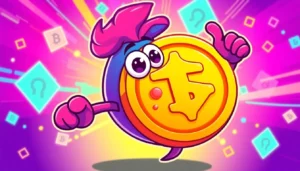 Crypto Meme Coin vibrant mascot engaging with a blockchain-themed background, emphasizing fun