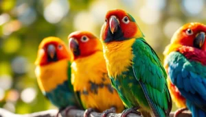 Vibrant pet birds sitting on a branch showcasing their colorful feathers and natural behavior,